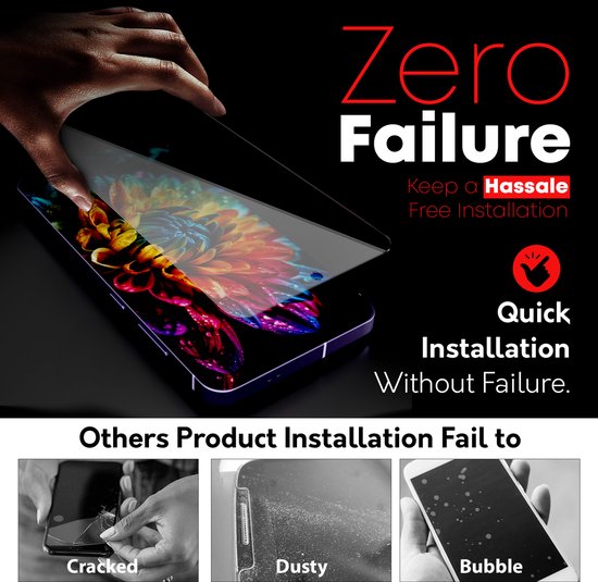 Protecteur d'écran avec le texte 'Zero Failure' et 'Quick Installation Without Failure'. Démonstration visuelle de l'installation.