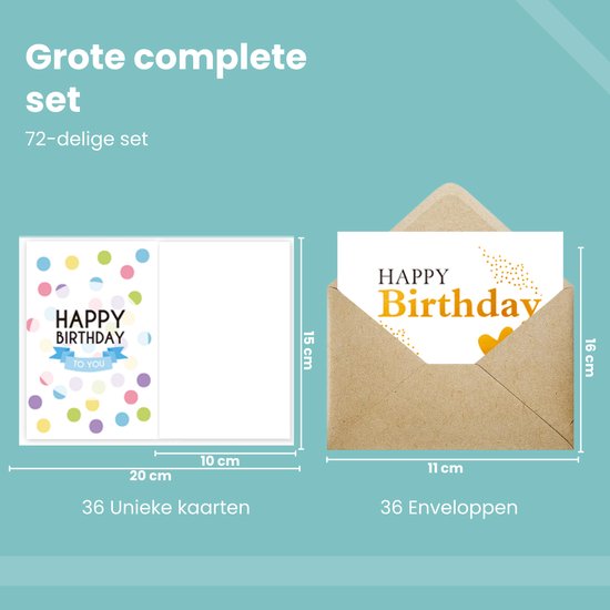 Grote set van 36 unieke verjaardagskaarten (10 x 15 cm) met 'Happy Birthday' print en 36 kraftenveloppen (11 x 16 cm).