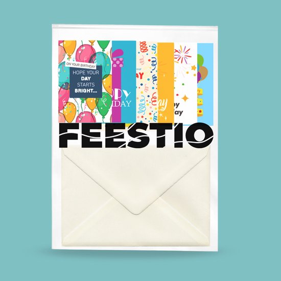 Felgekleurde verjaardagskaarten met ballonnen, slingers en de tekst 'ON YOUR BIRTHDAY HOPE YOUR DAY STARTS BRIGHT...' met een crèmekleurige envelop.