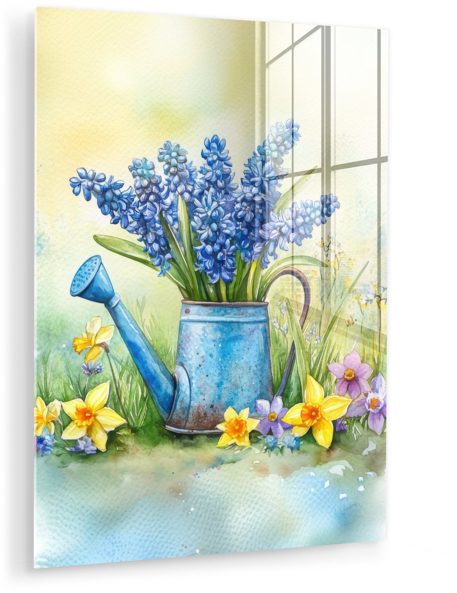 MuchoWow® Glasschilderij 120x160 cm - Schilderij acrylglas - Gieter - Lavendel - Bloesems 