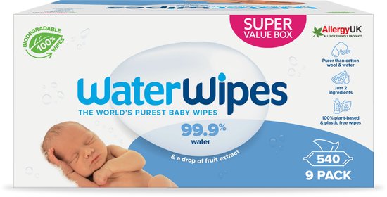 WaterWipes billendoekjes in een super value box, met een slapende baby op de voorkant. 540 doekjes, 9 pak.