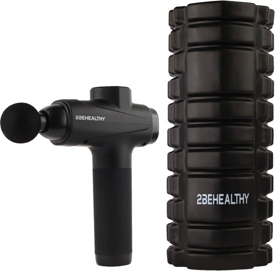 2BEHEALTHY® Massage Gun Professioneel + Foam Roller - Incl. 6 Opzetstukken en 30 Massagestanden - 8 Uur Batterij - Sport en Relax Massage Pistool - Massageapparaat - Zwart