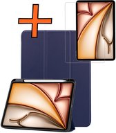 Hoes Geschikt voor iPad Air 2025 (13 inch) Hoes Tri-fold Tablet Hoesje Case Met Uitsparing Geschikt voor Apple Pencil Met Screenprotector - Hoesje Geschikt voor iPad Air M3 (13 inch) Hoesje Hardcover Bookcase - Donkerblauw