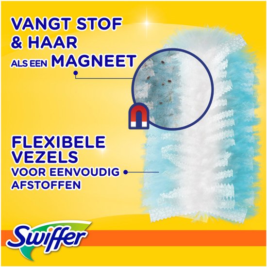 Plumeau Swiffer bleu avec manche jaune, attrape la poussière et les poils comme un aimant. Fibres flexibles.