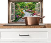 Spatscherm keuken 70x50 cm - Kookplaat achterwand Doorkijk - Bloemen - Tuinpad - Natuur - Raam - Muurbeschermer - Spatwand fornuis - Hoogwaardig aluminium