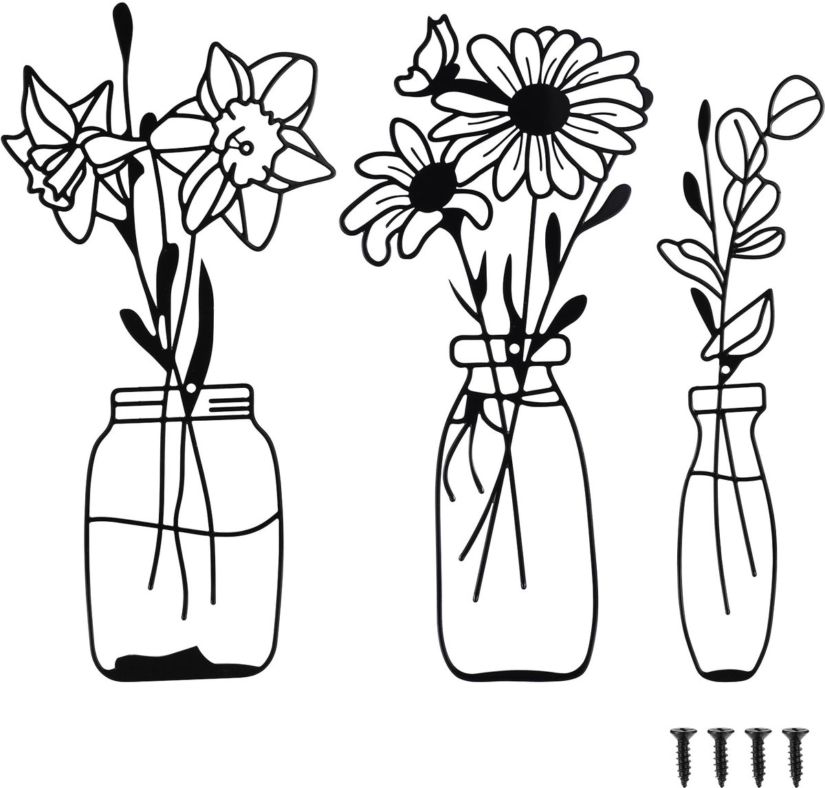My Ninki ® Unieke Zwart Metalen Wanddecoratie Set met Bloemen en Vazen voor Huis en Tuin