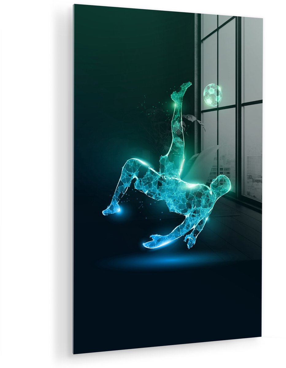 MuchoWow® Glasschilderij 60x90 cm - Schilderij acrylglas - Voetbal - Voetballer - Jongen - Zwart - Foto op glas - Muurdecoratie woonkamer - Wanddecoratie slaapkamer - Schilderijen