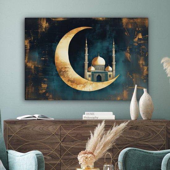Peinture sur toile 120x80 cm - Décoration murale Mosquée - Croissant de lune - Or - Ramadan - Islamique - Décoration murale salon - Décoration chambre - Accessoires chambre - Peintures sur toile