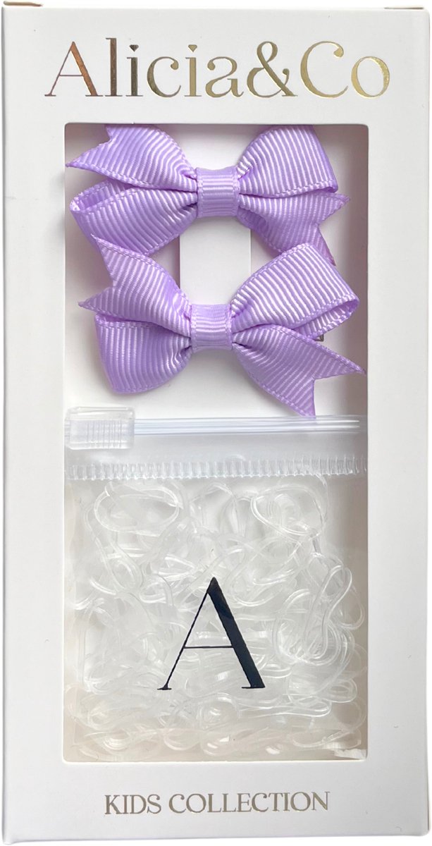 Alicia&Co - Tiny Tie & Bow Set - Lovely Lilac - Set van 2 kleine alligator haarclips en 1 zakje met kleine transparante haarelastiekjes - cadeau - kraamcadeau - haarspelden & clips - haarelastiekjes kind - haarspeldjes kind - haarspeldjes baby
