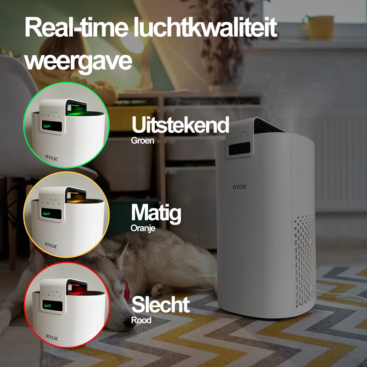 RYER Luchtreiniger XL - HEPA 13 filter + Koolstoffilter - CADR 350 m3/u - Helpt bij hooikoorts, allergieën, huisstofmijt en stof - Luchtkwaliteitsindicator - Slaapstand - Met App thumbnail 4