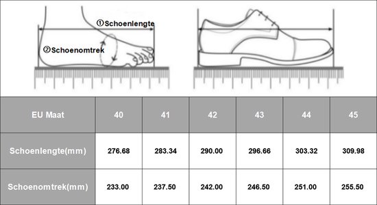 Maattabel voor schoenen met afbeeldingen van voetmetingen en schoen.