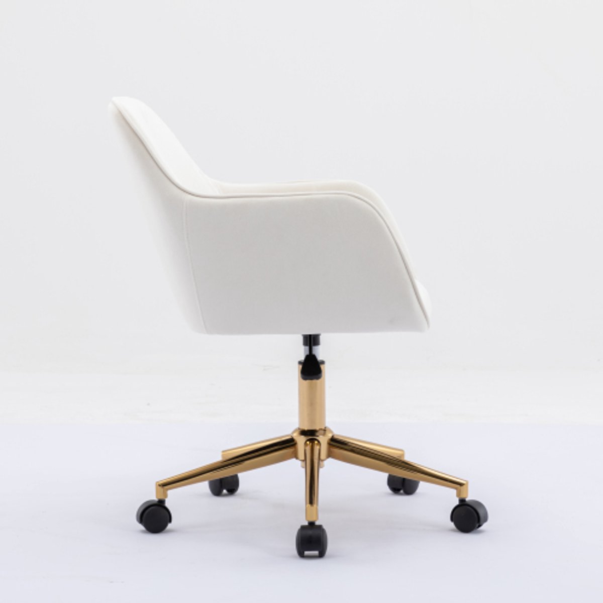 Bureaustoel van fluweel, draaibare bureaustoel met wieltjes, in hoogte verstelbare make-upstoel met gouden poten, modern voor kantoor, slaapkamer of make-uptafel, belastbaar tot 135 kg, Wit (Wit