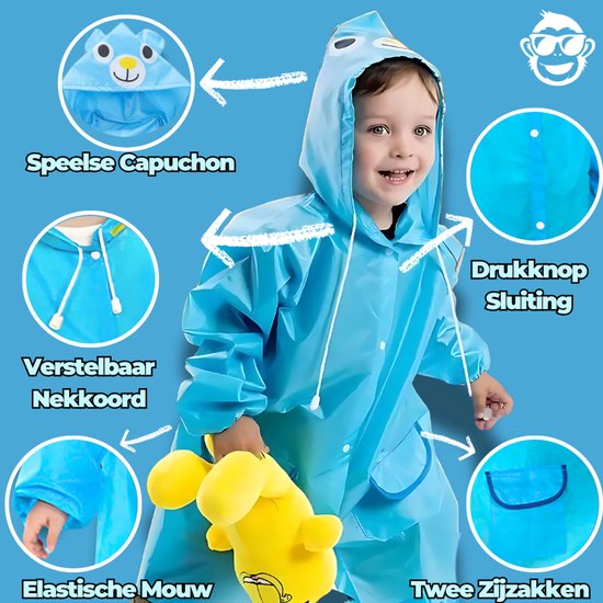 Blauwe kinder regenponcho met berenkapuchon, drukknoopsluiting, verstelbaar nekoord, elastische mouwen en twee zijzakken.