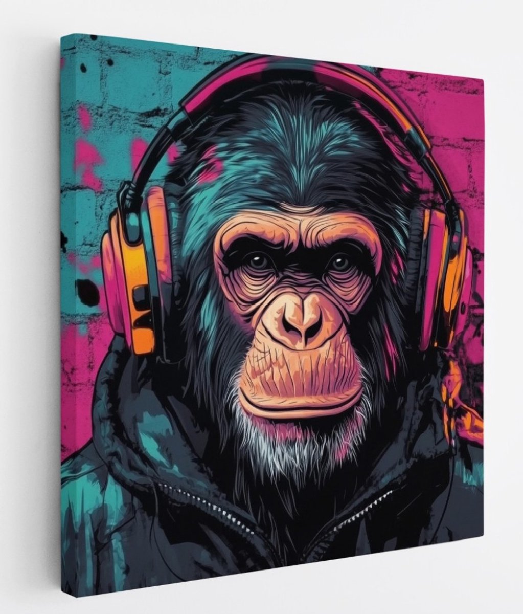 Saammp Canvas Schilderij - Aap - Grafitti - Abstract - Dier - 60x60 - Foto op canvas - Wanddecoratie - Muurdecoratie Woonkamer - Slaapkamer decoratie - Canvas Print Multicolor