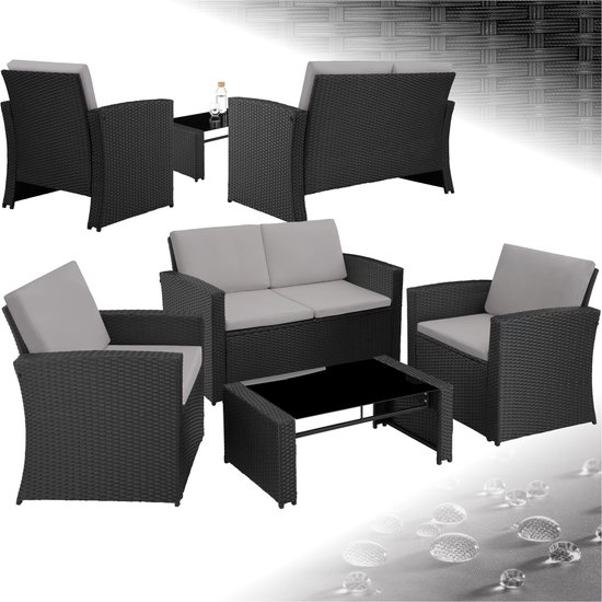 tectake® Wicker Tuinset voor 4 Personen - 2-zits Tuinbank en 2 Tuinstoelen - Tafel met Afneembaar Glazen Blad - Comfortabele Zit- en Rugkussens - Loungeset voor Tuin, Terras, Balkon - Zwart