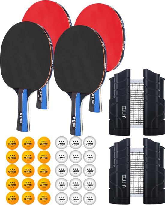 Vier tafeltennisbatjes, 30 oranje en witte ballen, en twee uitklapbare tafeltennisnetten.