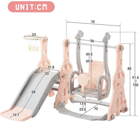 Toboggan 4 En 1 Avec Balançoire Et Support De Basket-ball Pour Enfants Echelle Escalade Pour Interieure Et Exterieure Bleu 94133363