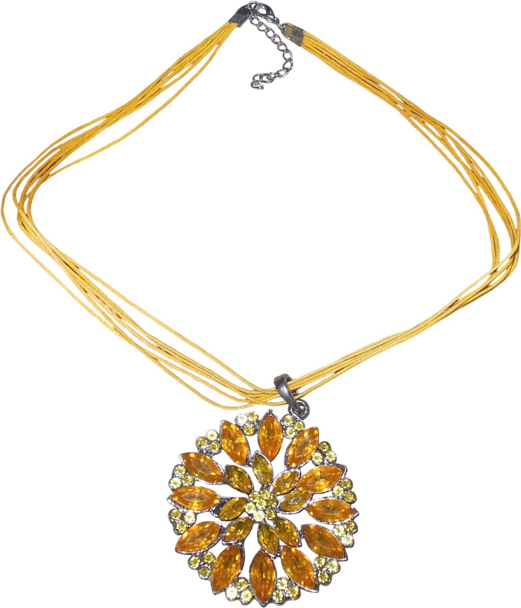 Ketting met ronde hanger bloem blaadjes strass stenen oranje