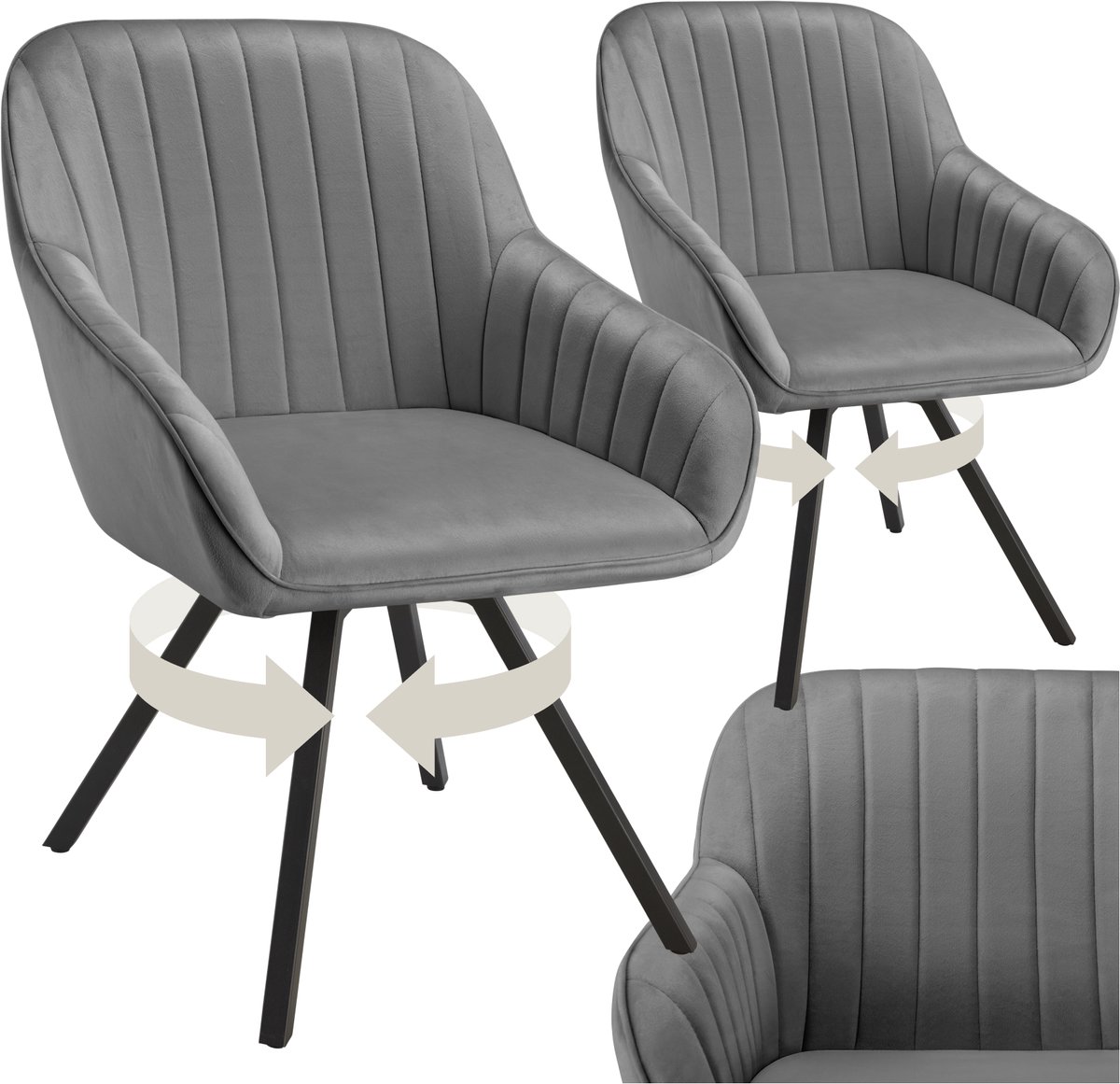 Tectake Draaibare eetkamerstoel met armleuningen - Ergonomische kuipstoel met fluwelen bekleding - Gewatteerd - Draaistoel voor woonkamer, eettafel, studeerkamer, kaptafel en keuken - Set van 2 - Grijs