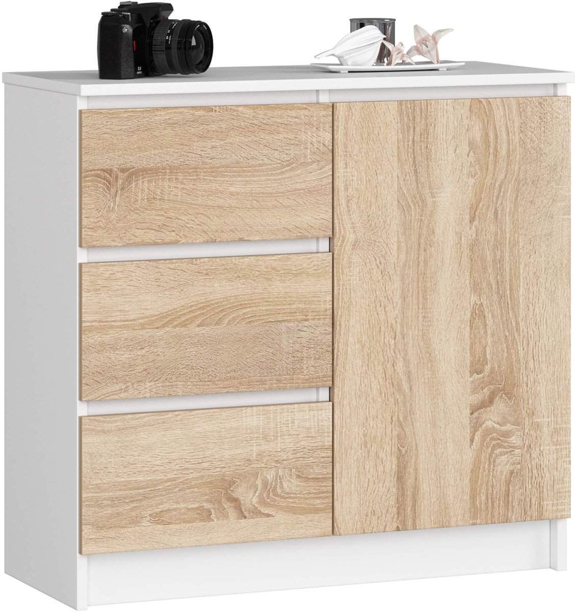 Akord Ladekast JERRY met 3 Lades en 2 Deuren / AKORD Furniture Factory / Wit – Sonoma Eik / 80 x 77 x 35 cm