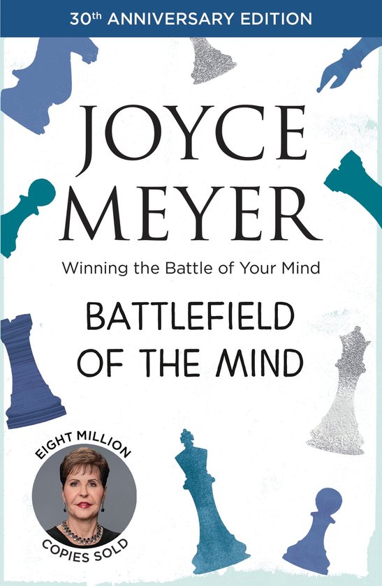 Livre "Battlefield of the Mind" par Joyce Meyer, édition 30e anniversaire, avec des pièces d'échecs et photo de l'auteur.