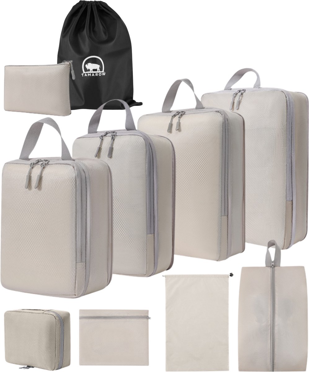 Tamarow Packing Cubes Set 10 Delig - Bagage Organizers - Travel Backpack Organizer - Kleding Organizer - Beige