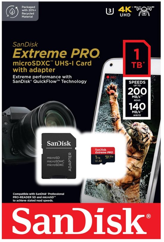 SanDisk Extreme PRO microSDXC UHS-I Kaart met adapter, 1TB. Verpakking toont camera en tijger.