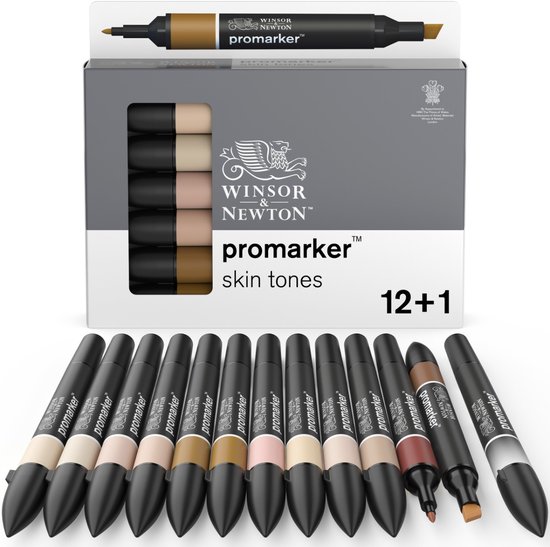 Winsor & Newton Promarker skin tones set met 12 markers en 1 blender, opgesteld voor de doos.