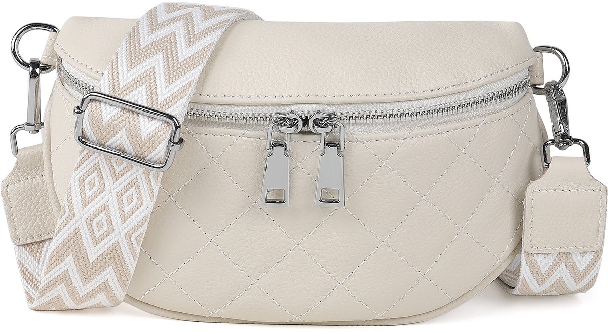 TAN.TOMI Dames Schoudertas – Trendy Leren Crossbody Tas – Kleine Damestas met Ritssluiting & Verstelbare Bag Strap – Wit met Goudkleurige Hardware