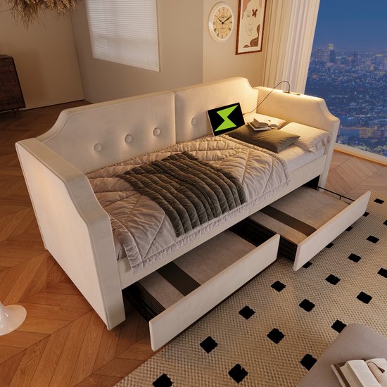 Daybed 90x200cm, Daybed, Slaapbank, met LED, Opbergruimte, USB Type-C
