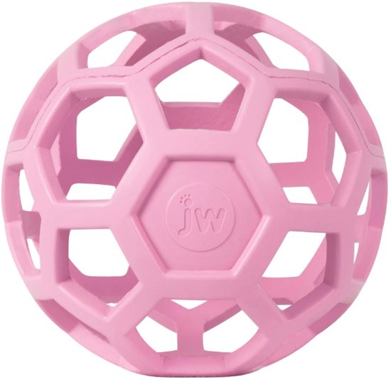Een roze JW Hol-ee Roller bal met een open, honingraat-achtige structuur.