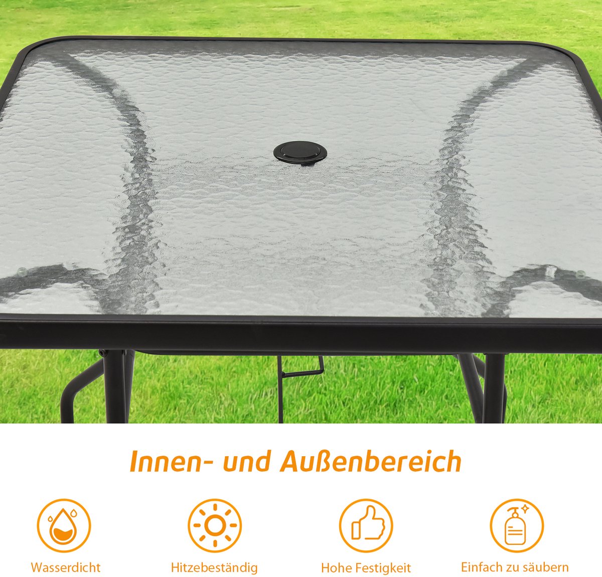 COSTWAY 80 cm Tuintafel, Rechthoekige metalen koffie/theetafel met gehard glazen blad en paraplugat, moderne klassieke stijl past bij elk decor, Buiten eettafel voor Patio, Tuin, Balkon, Achtertuin thumbnail 5