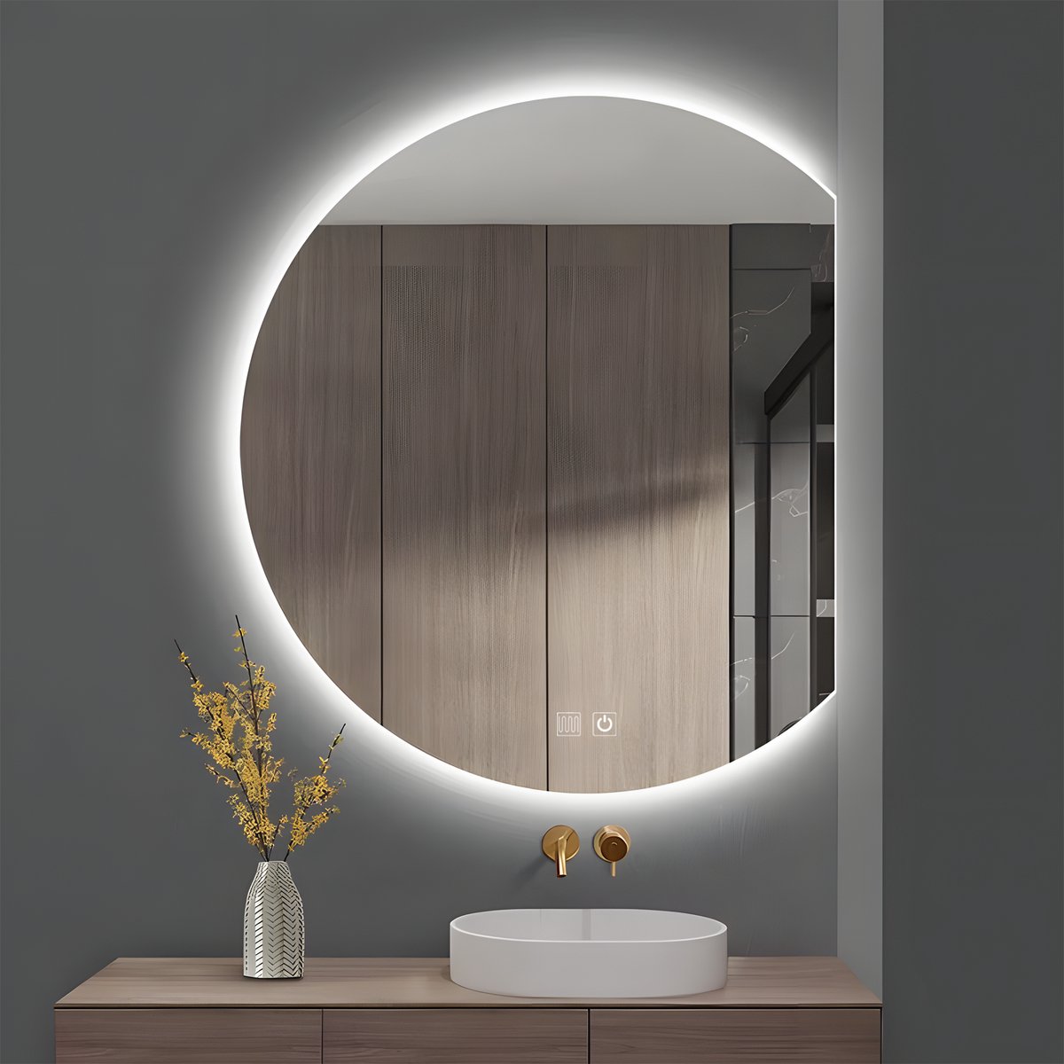 WoonWonder Half-Ronde Verticale Badkamerspiegel Met LED Verlichting - Dimbaar - Anti-Condens - 2700K/4500K/6400K - 52CM x 60CM - Transparant