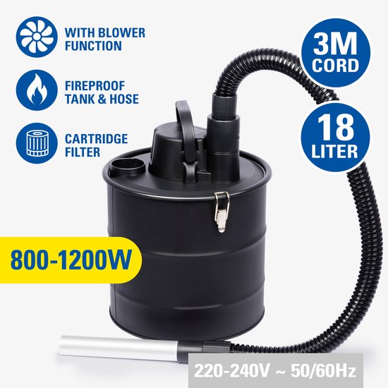 Zwarte metalen aszuiger met 18L tank, 3m snoer, 800-1200W, blaasfunctie, brandwerend.