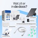 Inhoud van de doos: Protectly draadloze beveiligingscamera, zonnepaneel, 64GB SD-kaart, oplaadsysteem, oplaadsnoer, schroeven, muurbevestiging en handleiding.