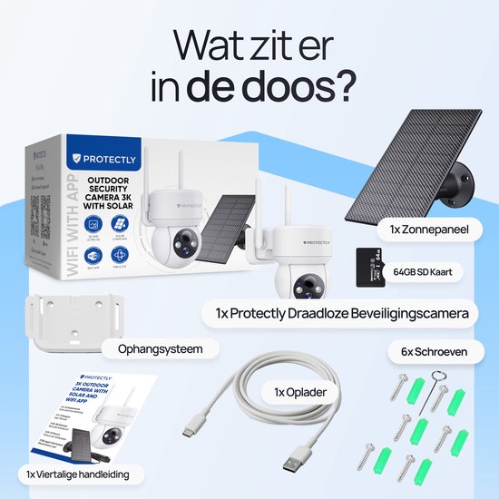 Inhoud van de doos: Protectly draadloze beveiligingscamera, zonnepaneel, 64GB SD-kaart, oplaadsysteem, oplaadsnoer, schroeven, muurbevestiging en handleiding.