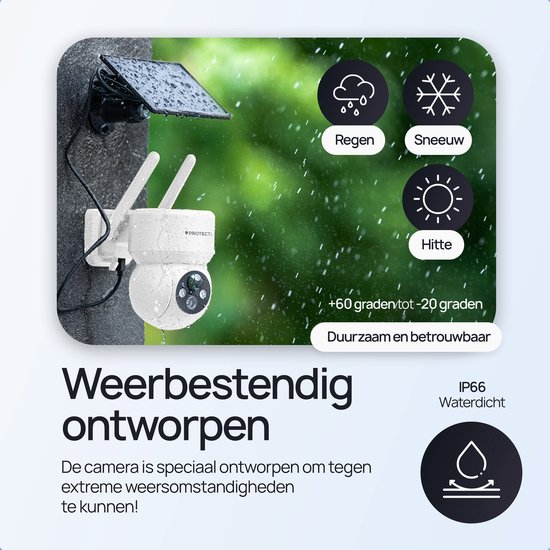 Weerbestendige Protectly beveiligingscamera voor regen, sneeuw en hitte, met temperatuurbereik van -20 tot +60 graden.