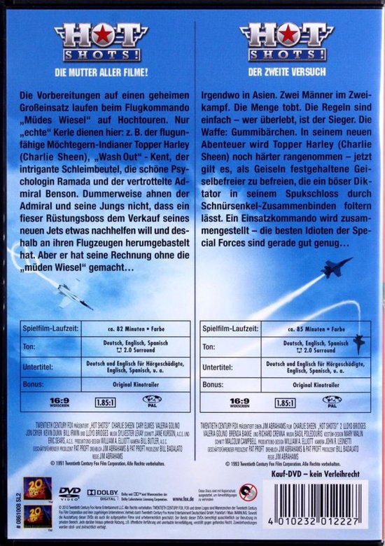 DVD-hoes met 'Hot Shots! Deel 1' en 'Hot Shots! Deel 2'. Informatie over speelduur, taal, ondertitels en bonusmateriaal.
