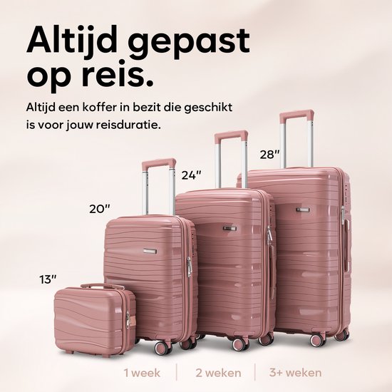 Vier roze koffers van verschillende formaten: 13", 20", 24" en 28", met indicatie voor reisduur.