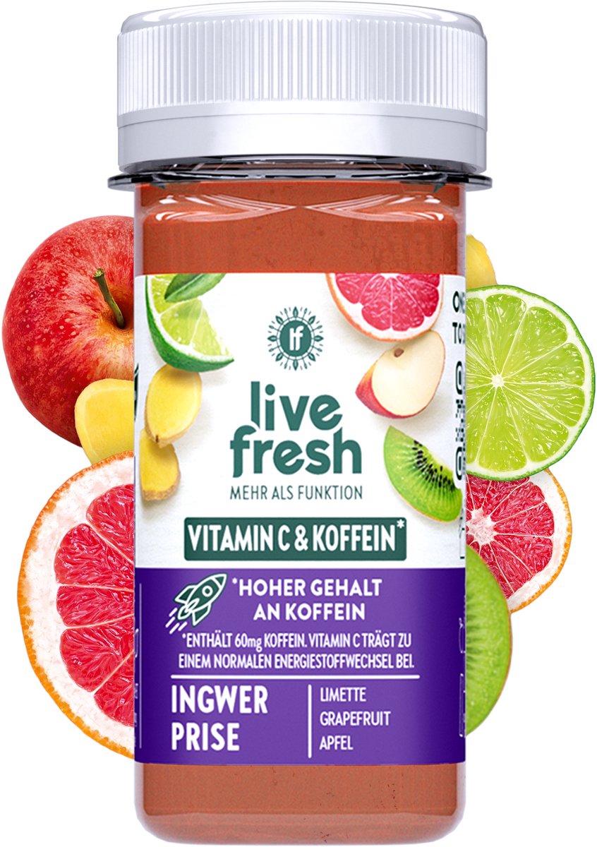 LiveFresh energy shot met vitamine C en cafeïne – koudgeperste guarana shots zonder toevoegingen – gemaakt met limoen, grapefruit & appel – Ingwer Prise – 24x60ml