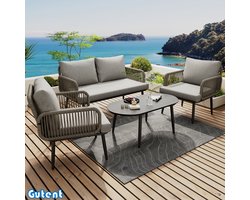 Gutent Tuin loungestoelset - met kussens - 2-zits bank - 2 fauteuils en salontafel - handgeweven touw - houtnerf glazen blad - gegalvaniseerd staal - Grijs