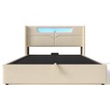 Cadre de lit rembourré beige avec éclairage LED dans la tête de lit et espace de rangement.