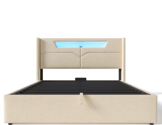 Cadre de lit rembourré beige avec éclairage LED dans la tête de lit et espace de rangement.