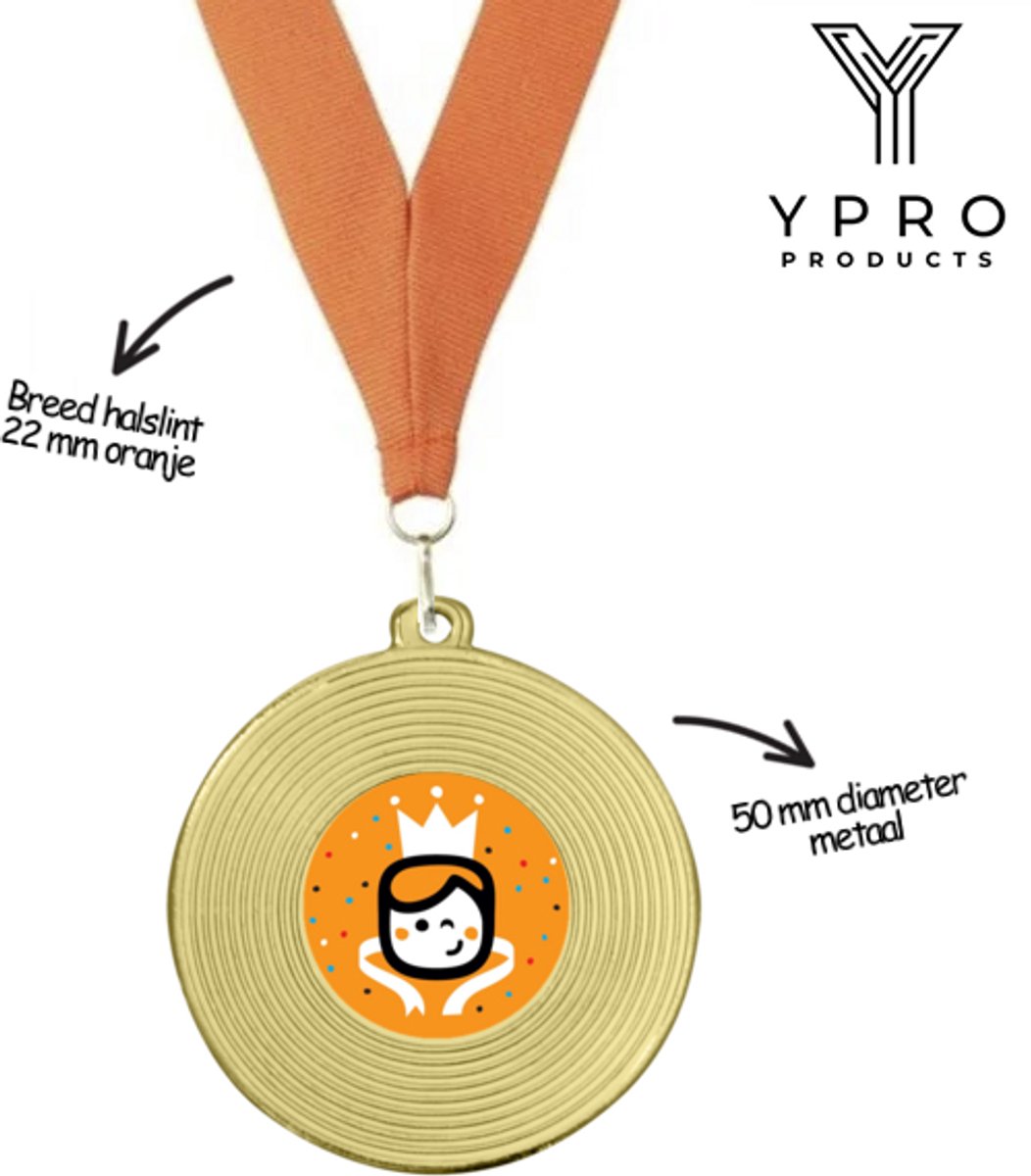 Koningsdag Medaille Metaal – Goudkleurig met Oranje Halslint – Koningsspelen medailles