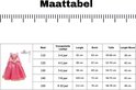 Maattabel voor de roze prinsessenjurk, met maten, geschatte leeftijd, lengte, borst, taille en mouwlengte.