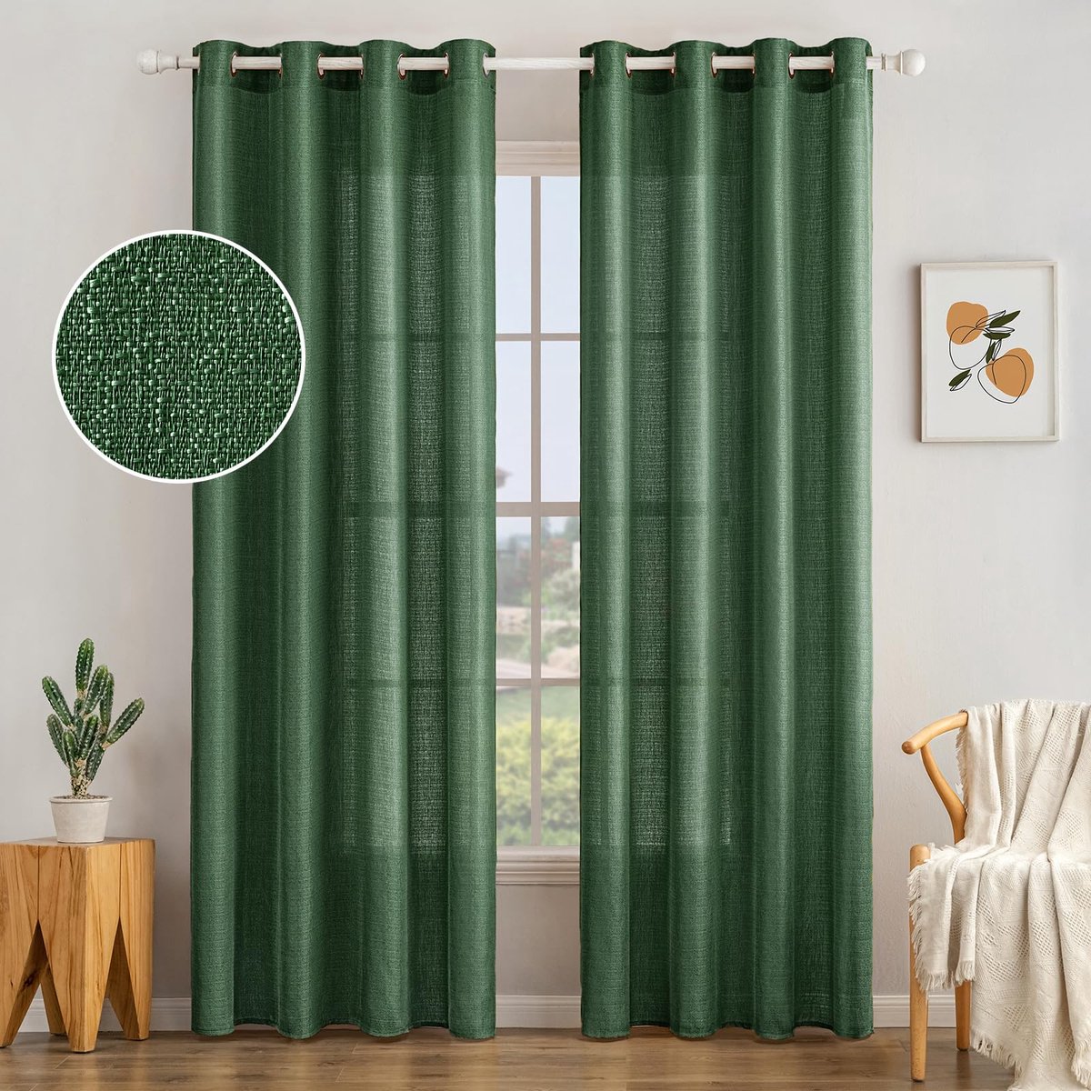 My Ninki ® Gordijnenset van 2 Linnenlook Voile Gordijnen met Ogen in Donkergroen Kleurverloop voor Woonkamer