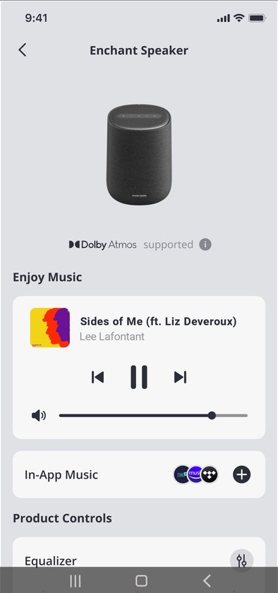 Scherm van de 'Enchant Speaker' app met een afbeelding van de speaker en 'Dolby Atmos Supported'.