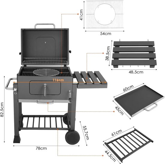 Boleen - Barbecue au charbon de bois avec table d'appoint pliable - Barbecue - Barbecue au Charbon de bois de bois - Perfect pour les pique-niques en plein air