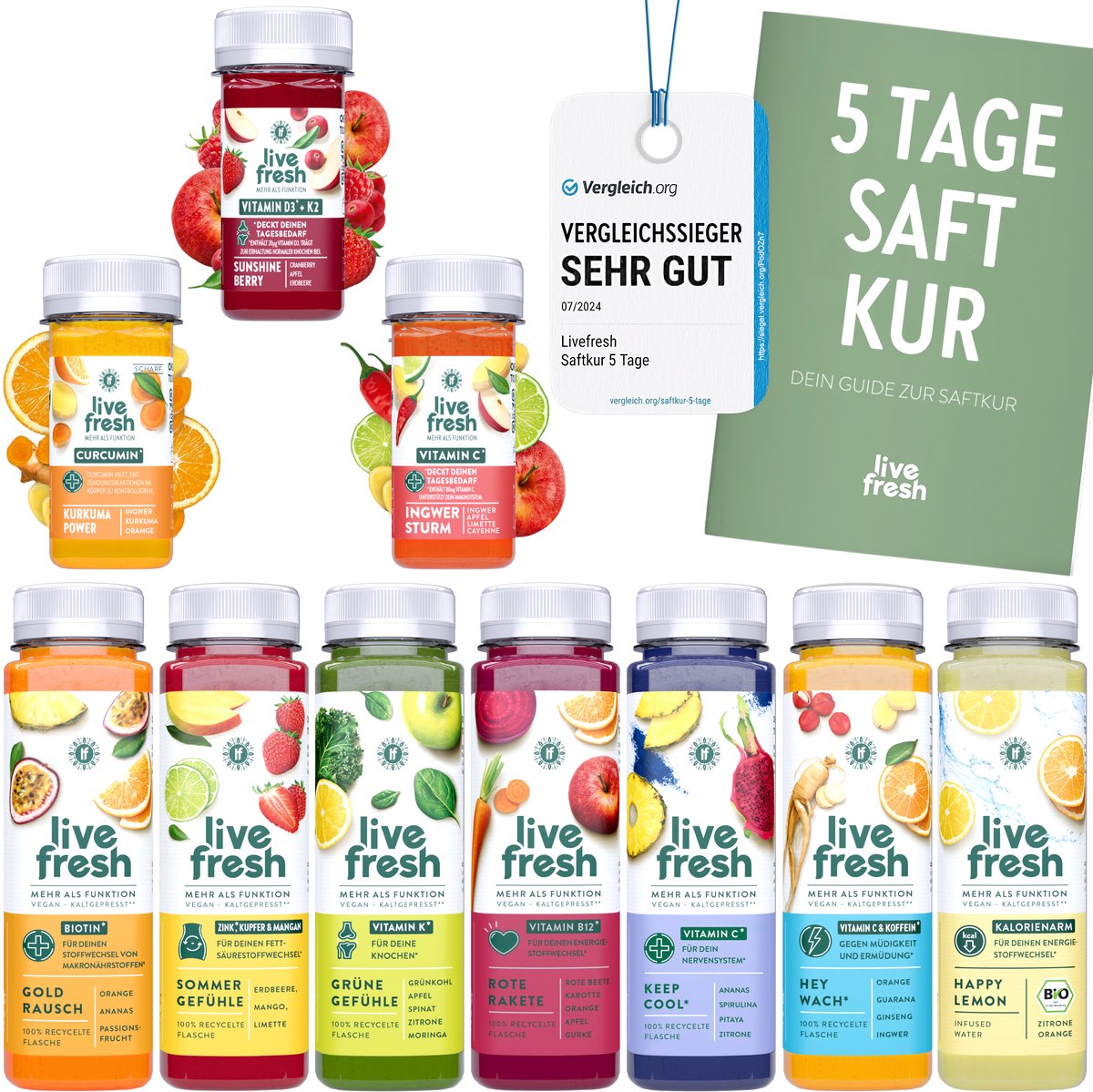 LiveFresh sapkuur 5 dagen – 35 sappen (250ml) & 15 shots (60ml) koudgeperst – 713 calorieën per dag