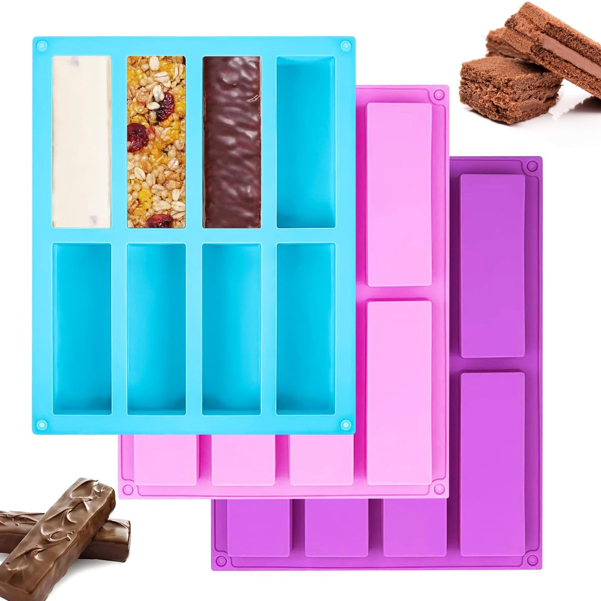 My Ninki ® Veelzijdige Siliconen Bakvormen voor Gezonde Snacks en Desserts, Set van 3, Rechthoekige Mallen